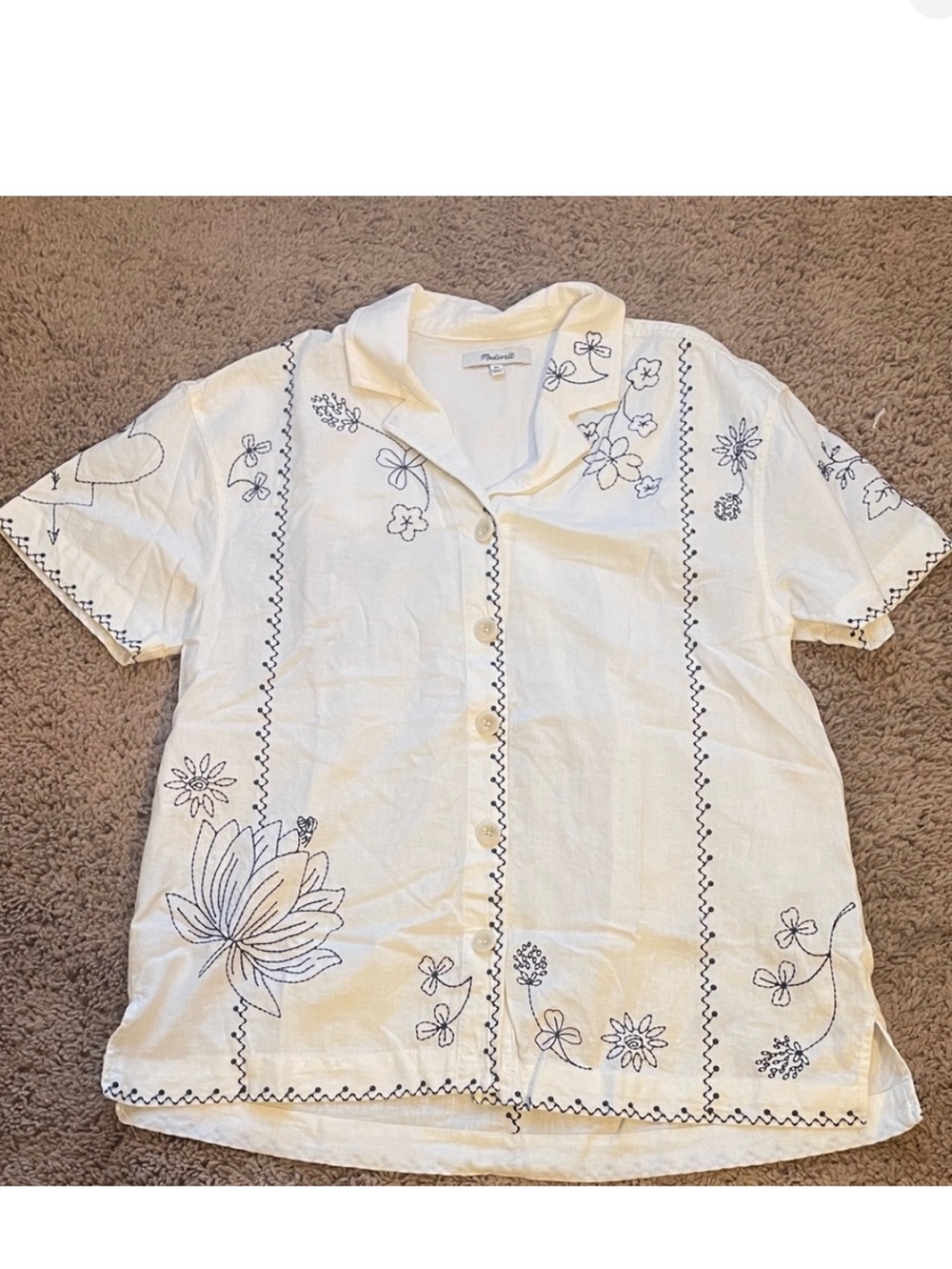 Madewell Cream Button Up with Navy Embroidery